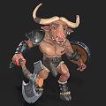 Fantasy Bull Warrior Character With Horns Armor Axe Shield And Muscular Build