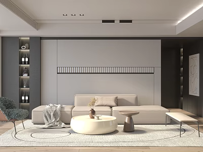 Minimalist Sofa Coffee Table Set With Beige Upholstery Round Table And Area Rug 3d model