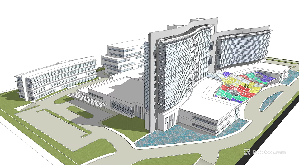 Modern Large Architectural Complex Featuring Glass Curtain Walls And Green Areas Layout 3d model 