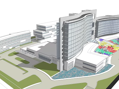 Modern Large Architectural Complex Featuring Glass Curtain Walls And Green Areas Layout 3d model