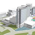 Modern Large Architectural Complex Featuring Glass Curtain Walls And Green Areas Layout