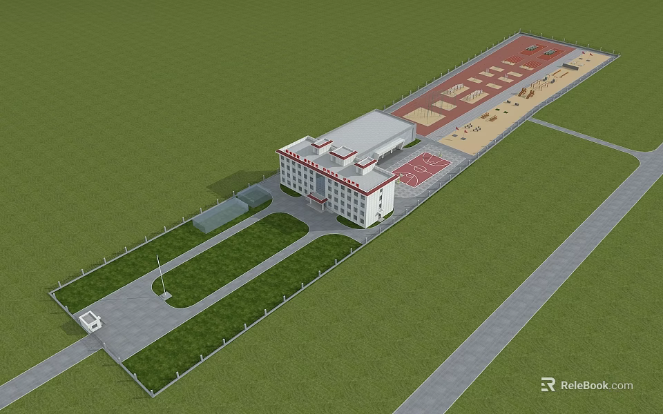 Modern Campus Complex With Main Building Sports Field Green Areas And Roads 3d model