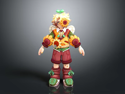 3D Cartoon Character Design With Sunflower Elements Yellow Hair Green Bow And Red Shorts 3d model