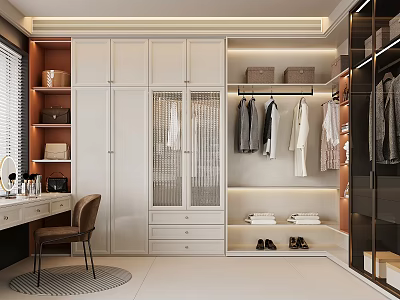 Modern Walk in Closet Wardrobe Design with Hanging Clothes Drawers Shelves and Shoe Storage 3d model