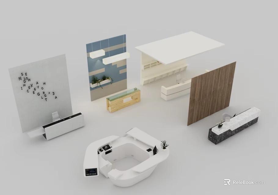 Modern Reception Desk Designs With Various Materials Countertops Cabinets And Decor Elements 3d model