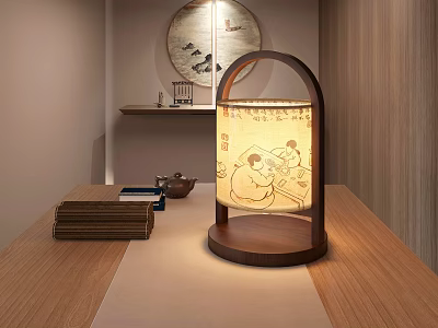 Chinese Traditional Wooden Desk Lamp With Figure Painting And Tea Set On Study Table 3d model