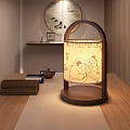 Chinese Traditional Wooden Desk Lamp With Figure Painting And Tea Set On Study Table
