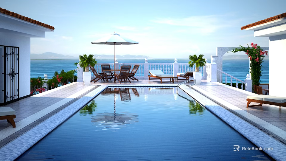 Scenic Oceanfront Terrace With Swimming Pool Umbrella Loungers Palm Trees And Distant Mountains 3d model 