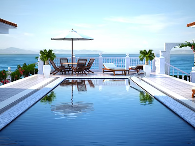Scenic Oceanfront Terrace With Swimming Pool Umbrella Loungers Palm Trees And Distant Mountains 3d model
