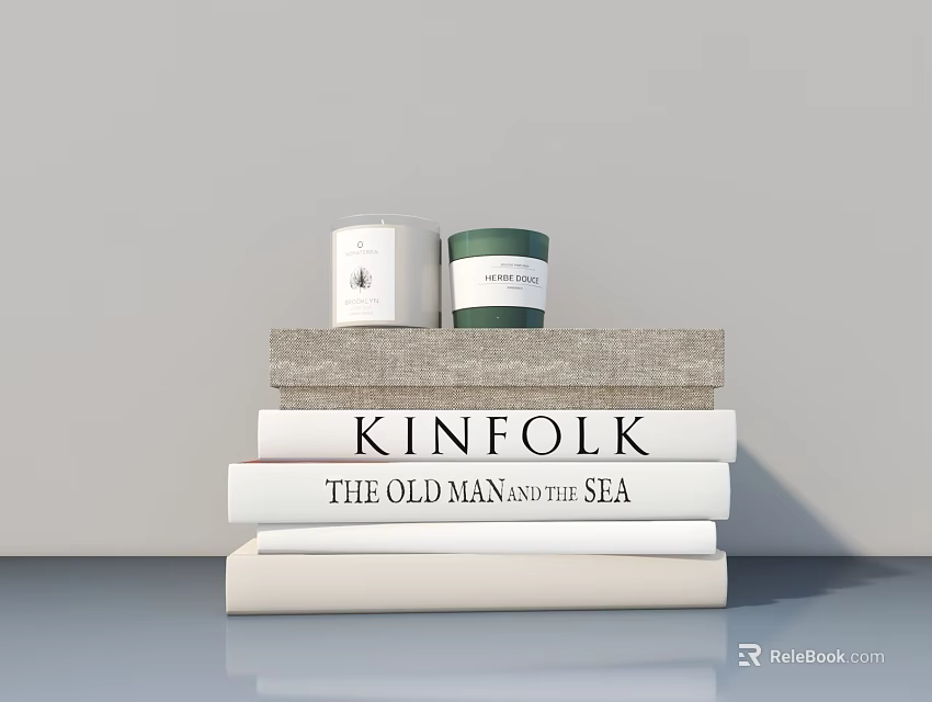 Stacked Books with The Old Man and the Sea KINFOLK Magazine and Candles on Top 3d model 