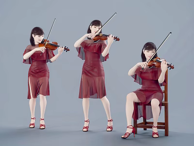 Women in Red Dresses Playing Violin in Different Poses Standing and Sitting 3d model