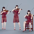 Women in Red Dresses Playing Violin in Different Poses Standing and Sitting
