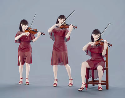 Women in Red Dresses Playing Violin in Different Poses Standing and Sitting 3d model