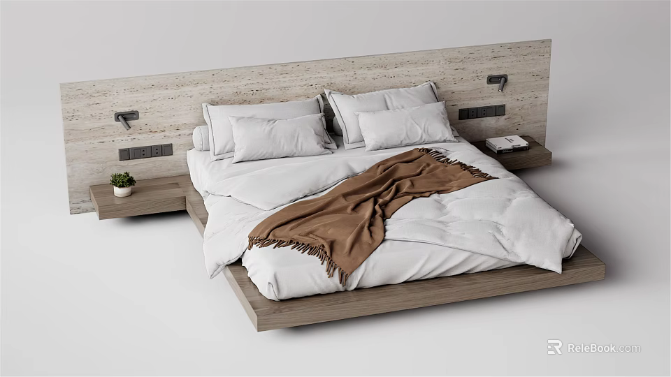 Modern Double Bed With Wooden Headboard White Bedding Brown Blanket And Bedside Tables With Plant 3d model 