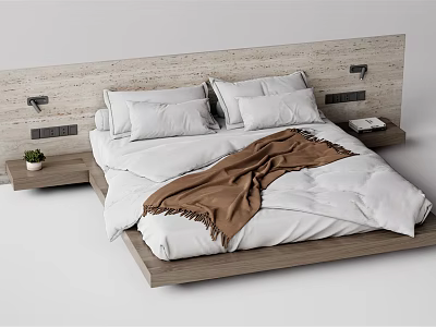 Modern Double Bed With Wooden Headboard White Bedding Brown Blanket And Bedside Tables With Plant 3d model