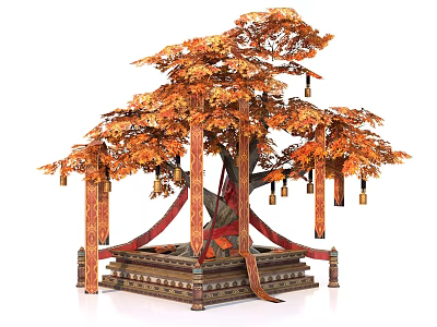 Decorative Arbor Tree with Orange Leaves Red Ribbons and Hanging Ornaments on Ornate Base 3d model