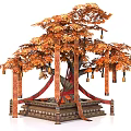 Decorative Arbor Tree with Orange Leaves Red Ribbons and Hanging Ornaments on Ornate Base