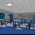 Cafeteria Interior With Blue Long Tables Benches Wall Banners And Ceiling Lights 3d model