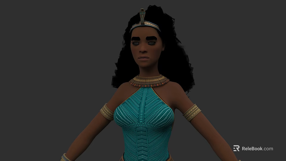 Woman With Black Curly Hair Gold Decorative Headband And Blue Beaded Bodice 3d model 