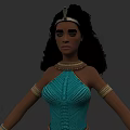 Woman With Black Curly Hair Gold Decorative Headband And Blue Beaded Bodice