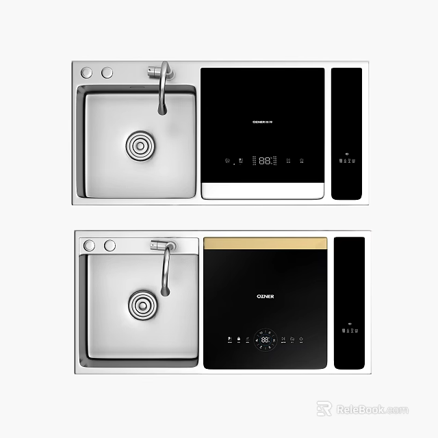 Integrated Kitchen Appliances With Stainless Steel Sink Black Panel Digital Display Two Designs 3d model 