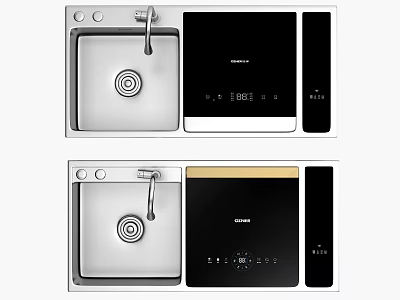 Integrated Kitchen Appliances With Stainless Steel Sink Black Panel Digital Display Two Designs 3d model