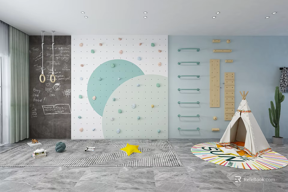 Kids Playroom With Climbing Wall Rope Ladder Teepee And Chalkboard Wall 3d model 