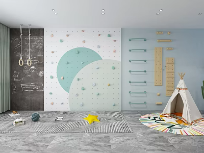 Kids Playroom With Climbing Wall Rope Ladder Teepee And Chalkboard Wall 3d model