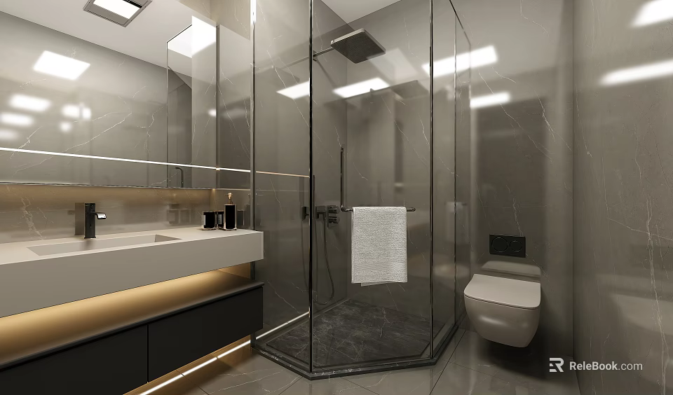 Modern Hotel Bathroom With Glass Shower Enclosure Double Vanity Marble Walls And Recessed Lighting 3d model 