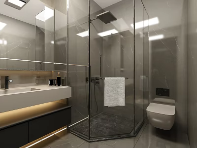 Modern Hotel Bathroom With Glass Shower Enclosure Double Vanity Marble Walls And Recessed Lighting 3d model