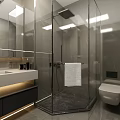 Modern Hotel Bathroom With Glass Shower Enclosure Double Vanity Marble Walls And Recessed Lighting