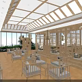 Traditional Tea House Interior With Wooden Furniture Hanging Lanterns And Large Windows