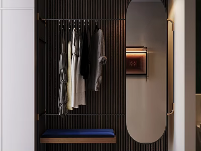 Modern Luxury Cloakroom Clothes Hanger With Hanging Clothes Blue Cushion And Mirror 3d model
