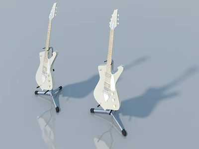 Two White Electric Guitars On Stands With Gray Background And Reflective Floor 3d model