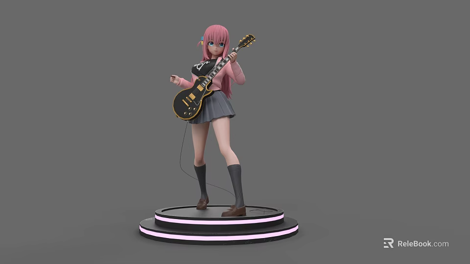 Game Movie Character Pink Hair School Uniform Holding Electric Guitar On Neon Lit Base 3d model 