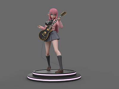 Game Movie Character Pink Hair School Uniform Holding Electric Guitar On Neon Lit Base 3d model