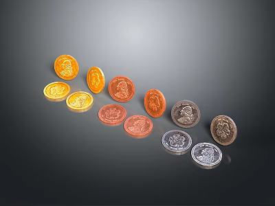 Intricate Sculpted Coin Carvings with Various Colors in Curved Arrangement 3d model