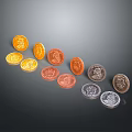 Intricate Sculpted Coin Carvings with Various Colors in Curved Arrangement