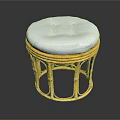Round Stool With Yellow Rattan Frame And White Padded Seat