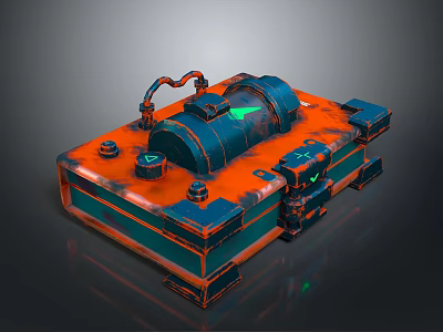 Industrial Style Orange Blue Metal Household Storage Box With Green Indicator Lights Pipes And Knobs 3d model