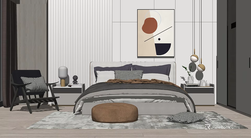 Modern Elegant Bedroom with Background Double Bed Decorative Artwork Pendant Light and Soft Ottoman Rug 3d model 