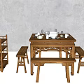Traditional Chinese Wooden Dining Table Set With Bench Stools And Tea Set 3d model