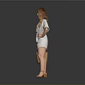 Woman In White Lace Trim Romper Holding Brown Woven Handbag And Sandals On Gray Backdrop