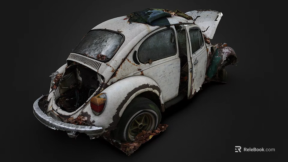 Abandoned Rusted Volkswagen Beetle Car with Open Doors Open Hood and Fallen Leaves 3d model 