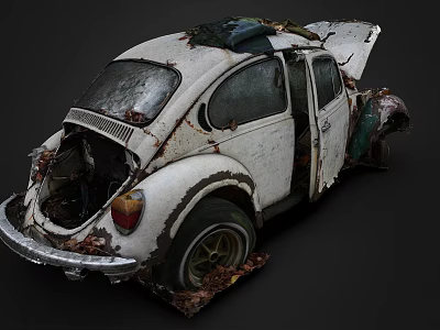 Abandoned Rusted Volkswagen Beetle Car with Open Doors Open Hood and Fallen Leaves 3d model
