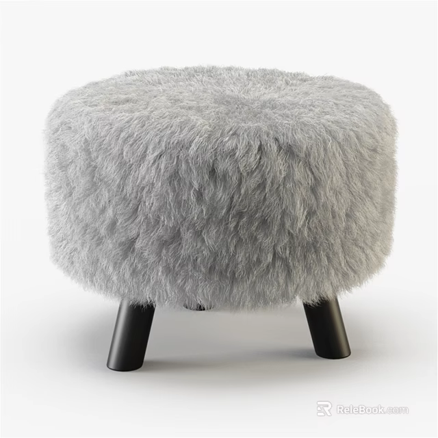 Fluffy Light Gray Round Ottoman With Black Legs Modern Cozy Home Furniture 3d model 