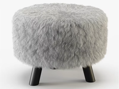 Fluffy Light Gray Round Ottoman With Black Legs Modern Cozy Home Furniture 3d model