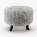 Fluffy Light Gray Round Ottoman With Black Legs Modern Cozy Home Furniture