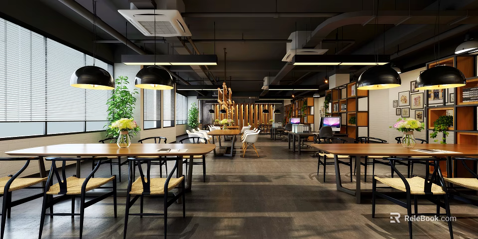 Modern Public Office Area With Open Layout Wooden Tables Green Plants Bookshelves And Hanging Lights 3d model 