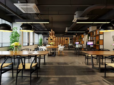 Modern Public Office Area With Open Layout Wooden Tables Green Plants Bookshelves And Hanging Lights 3d model